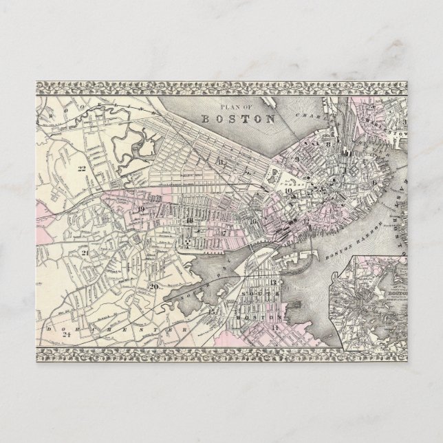 1879 Boston Map Postcard Postkarte (Vorderseite)
