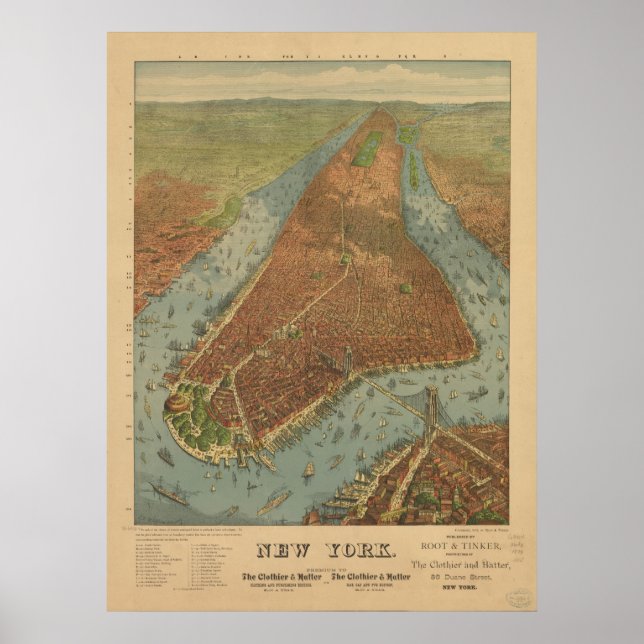 1879 New York City NY Birds Eye Panoramablick Kart Poster (Vorne)