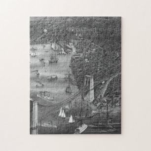 1879 Vintage-Brooklyn-Kartenpuzzle in Schwarz-Weiß