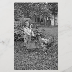 1880er Jahre Adorable Girl and Rooster Cart im Gar Briefpapier