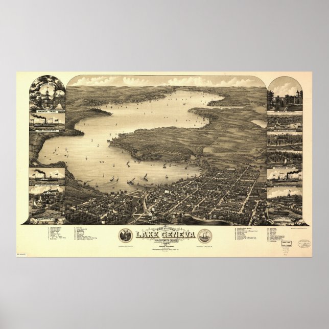 1882 Genfersee, WI Birds Augen Panoramablick Karte Poster (Vorne)