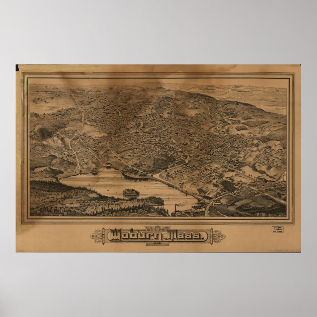 1883 Woburn, MA Birds Eye Panoramablick Karte Poster (Vorne)