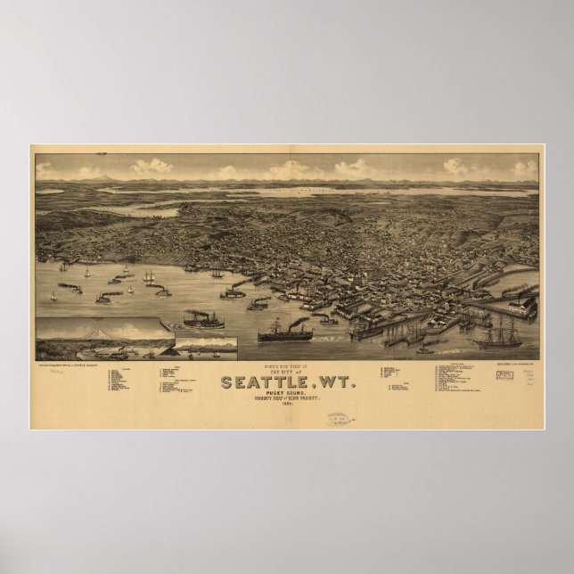 1884 Seattle, WA Birds Eye Panoramablick Karte Poster (Vorne)
