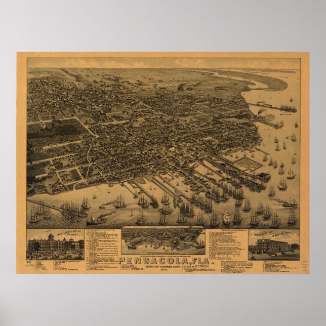 1885 Pensacola, FL Birds Eye Panoramablick Karte Poster (Vorne)