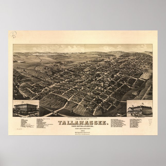 1885 Tallahassee, FL Birds Eye Panoramablick Karte Poster (Vorne)