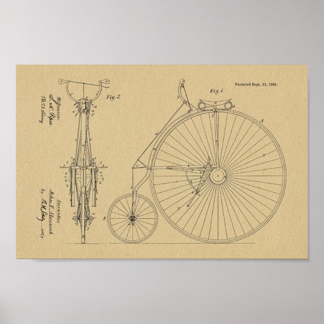 1886 Entwurf des Hoch-Rad-Fahrraddesigns Kunst Dru Poster (Vorne)