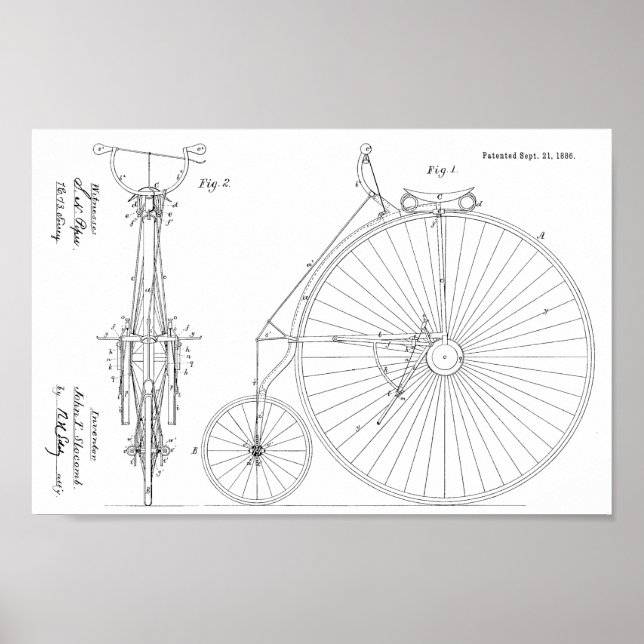 1886 Entwurf des Hoch-Rad-Fahrraddesigns Kunst Dru Poster (Vorne)
