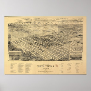 1889 North Yakima, WA Birds Eye Panoramablick Kart Poster