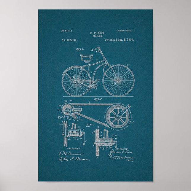 1890 Vintages Fahrradpatent Print Blueprint Poster (Vorne)