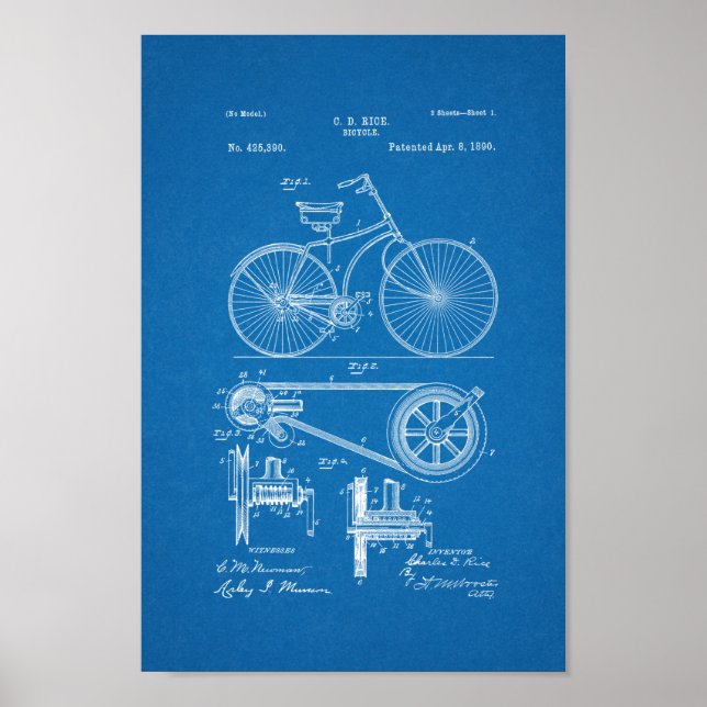 1890 Vintages Fahrradpatent Print Blueprint Poster (Vorne)