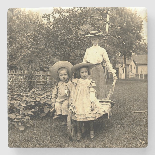 1890er Foto Heirloom Garden Mutter Töghters Mädche Steinuntersetzer (Vorderseite)