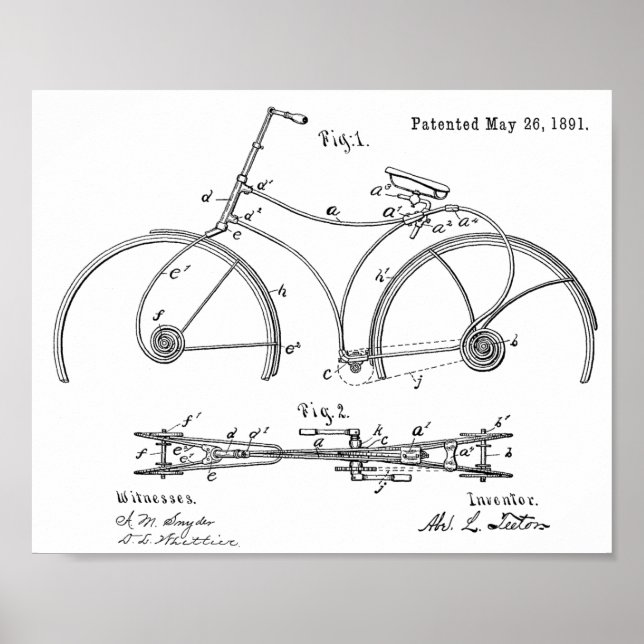 1891 Bicycle Spring Rahmen Design Patent Art Print Poster (Vorne)