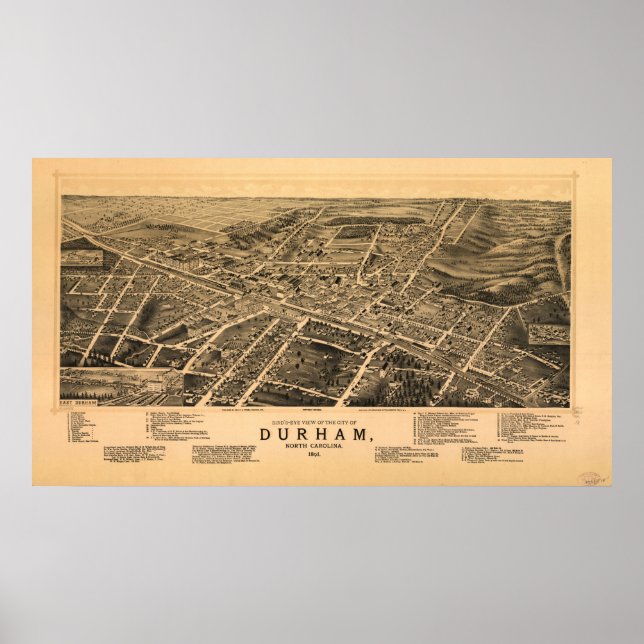 1891 Durham, NC Birds Eye Panoramakarte Poster (Vorne)