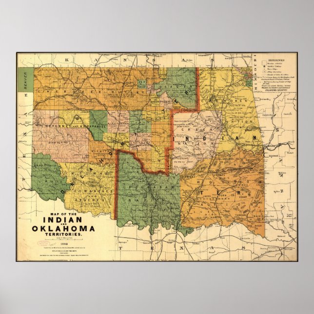1892 Karte der Gebiete Indiens und Oklahoma Poster (Vorne)