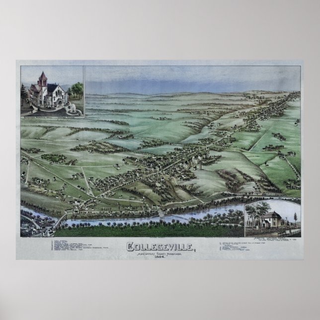 1894 Aerial Map Collegeville PA Pennsylvania Poste Poster (Vorne)