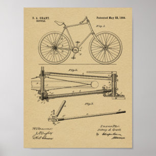 1894 Entwurfs-Patent für kettenloses Fahrrad Kunst Poster