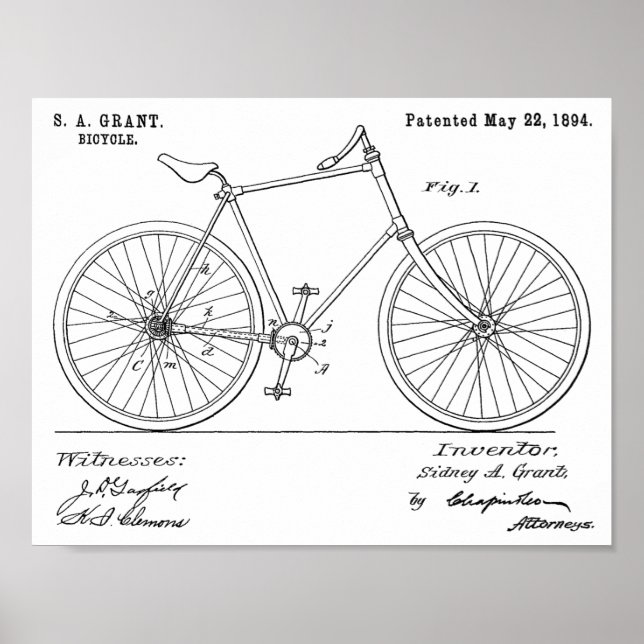 1894 Fahrradfahrer ohne Lenker - Patentschrift Poster (Vorne)