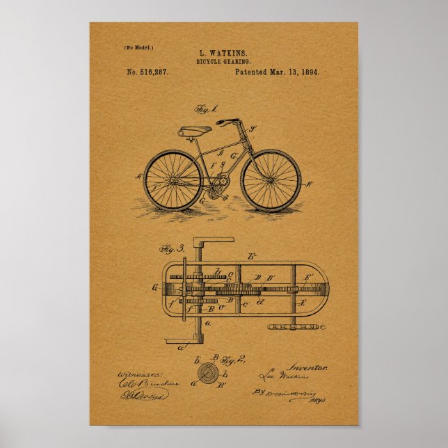 1894 Vintage Fahrradgetriebekunde Patentschrift Poster (Vorne)