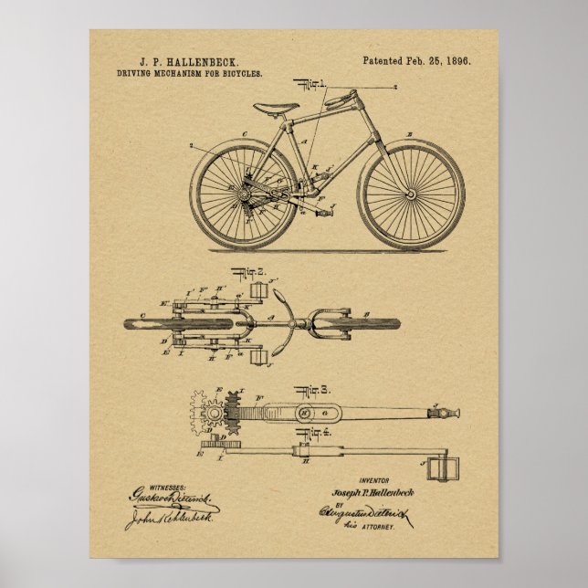 1896 Entwurfspatent für kettenloses Fahrrad Kunstp Poster (Vorne)
