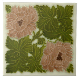 1896 Minton Peony Pink & Green Majolica Tile Repro Fliese
