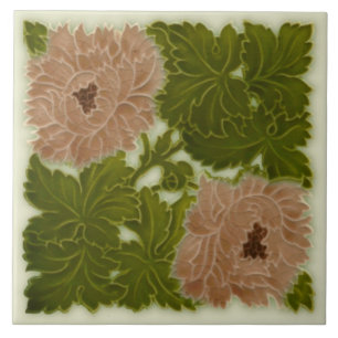 1896 Minton Peony Pink & Green Majolica Tile Repro Fliese