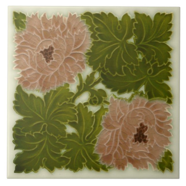 1896 Minton Peony Pink & Green Majolica Tile Repro Fliese (Vorderseite)