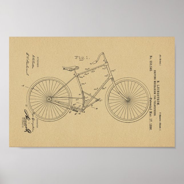 1896 Vintages Fahrrad Velocipede Patent Art Printw Poster (Vorne)