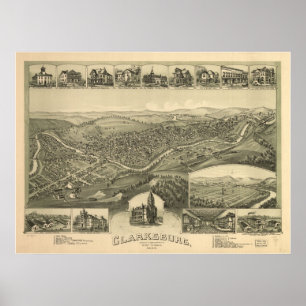 1898 Clarksburg, WV Bird's Eye Panorama Karte Poster