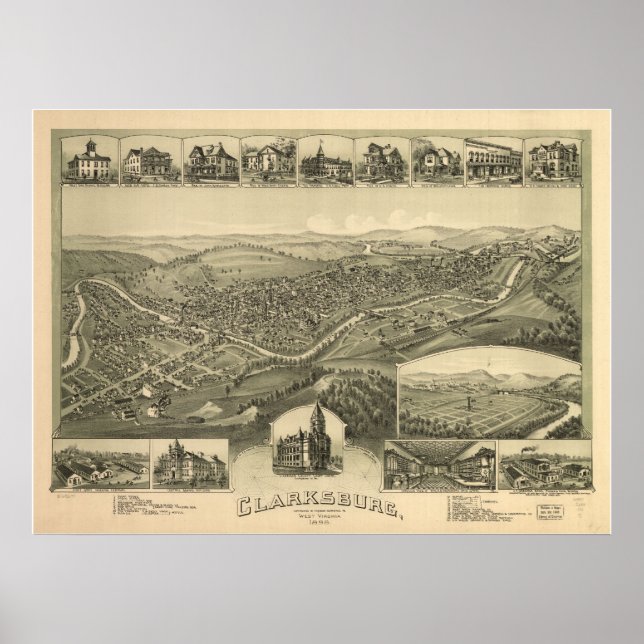 1898 Clarksburg, WV Bird's Eye Panorama Karte Poster (Vorne)