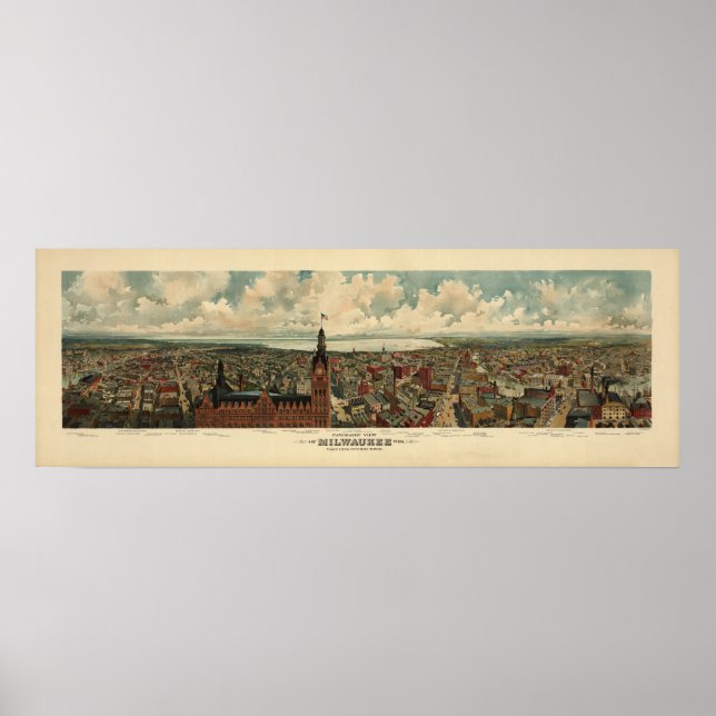 1898 Milwaukee, WI Birds Eye Panorama Karte Poster (Vorne)