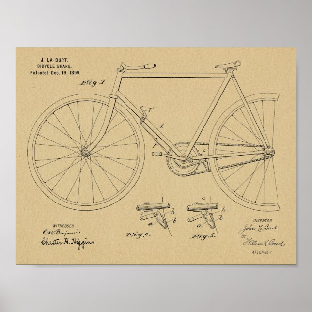 1899 Fahrradbremse Patentkunst Zeichnend Druck Poster (Vorne)