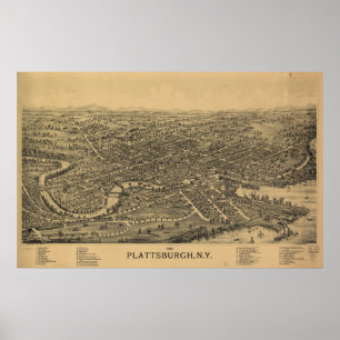1899 Plattsburgh, New Birds Eye Panoramablick Kart Poster