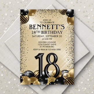 18. Balloons Black Gold Geburtstag Einladung