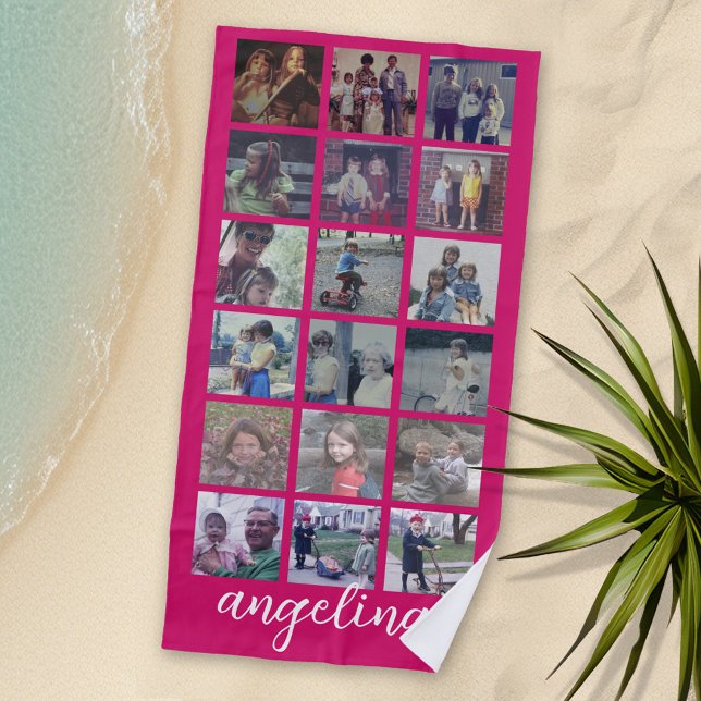 18 Foto-Collage mit großer Schrift und heißem Rosa Strandtuch (Personalized Beach Towel with Photos and Text)