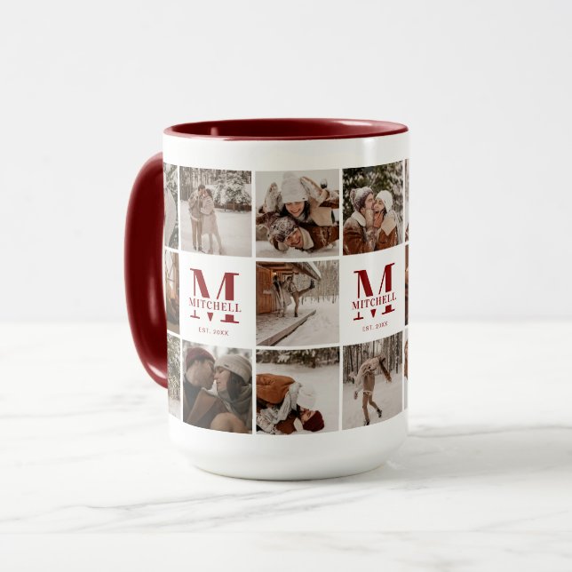 18 Foto Collage Moderner Familienmaroon Personalis Tasse (Vorderseite Links)