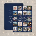 18 Foto Collage Navy Blau Was für ein Jahr! Modern Folien Feiertagskarte<br><div class="desc">Was für ein Jahr zu erinnern! Senden Sie stilvolle fröhliche Grüße und teilen Sie 18 Ihrer Lieblingsfotos mit einer maßgeschneiderten 12x18-Foto-Collage blau und Rose Gold-Folie Urlaubskarte. Der Text auf diesem Template ist einfach zu personalisieren und enthält alle Formulierungen wie Frohe Weihnachten, glückliche Feiertage, Frohe Festtage, Neujahrsjubiläen usw. (IMAGE PLACEMENT TIP:...</div>