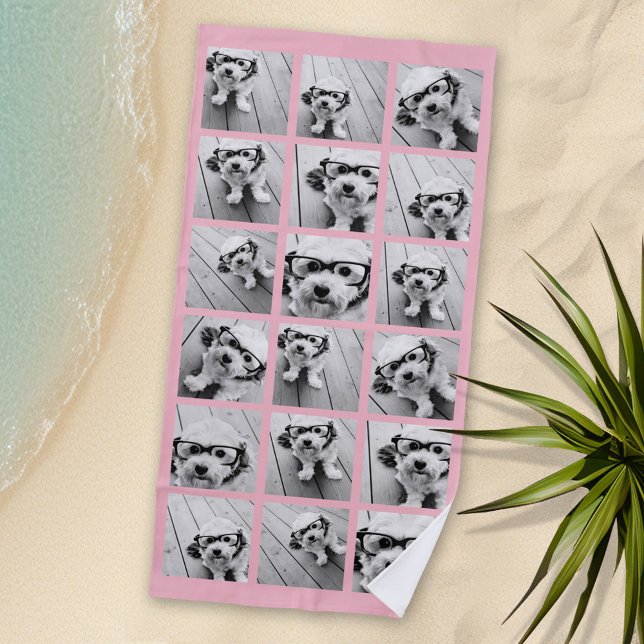 18 FotoCollage - CAN EDIT Rosa Hintergrundfarbe Strandtuch (Personalized Beach Towel - Photo Collage -- Use Color or Black and White Photos)