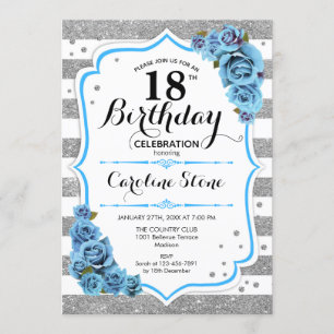 18. Geburtstag - Blaue, silberne Streifen Einladung