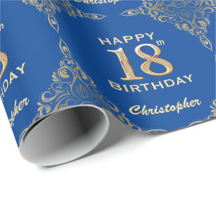 18. Geburtstag Blue and Gold Glitzer Frame Geschenkpapier