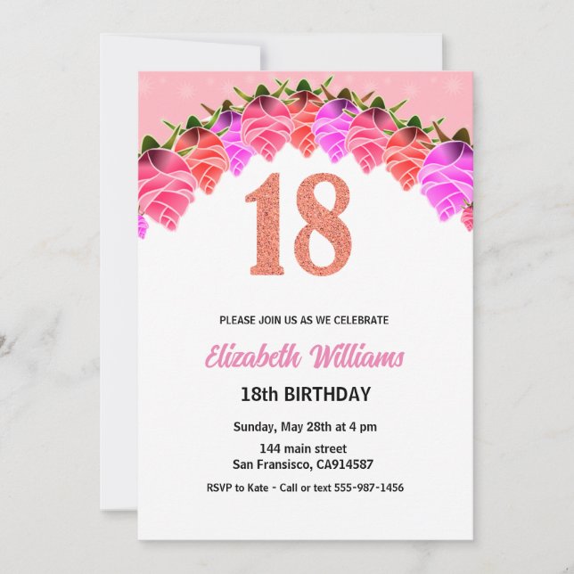 18. Geburtstag Blumenblume Rose Gold Einladung (Vorderseite)