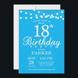 18. Geburtstag Einladung Blau<br><div class="desc">18. Geburtstag Einladung mit String Lights. Blauer Hintergrund Männer oder Frauen Lady Elegant am Tag Einladung. 13. 15. 16. 18. 20. 21. 30. 40. 50. 60. 70. 80. 90. 100. Jegliches Alter. Für weitere Anpassungen klicken Sie bitte auf die Schaltfläche "Anpassen" und verwenden Sie unser Designwerkzeug, um diese Vorlage zu...</div>