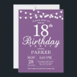 18. Geburtstag Einladung Lila Lavender Lilac<br><div class="desc">18. Geburtstag Einladung mit String Lights. Lila Lavendel Lilac Hintergrund Frauen Lady Elegant am Tag Einladen. 13. 15. 16. 18. 20. 21. 30. 40. 50. 60. 70. 80. 90. 100. Jegliches Alter. Für weitere Anpassungen klicken Sie bitte auf die Schaltfläche "Anpassen" und verwenden Sie unser Designwerkzeug, um diese Vorlage zu...</div>