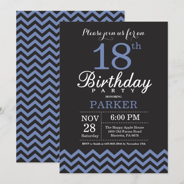 18. Geburtstag Einladung Schwarz und Blau (Vorne/Hinten)