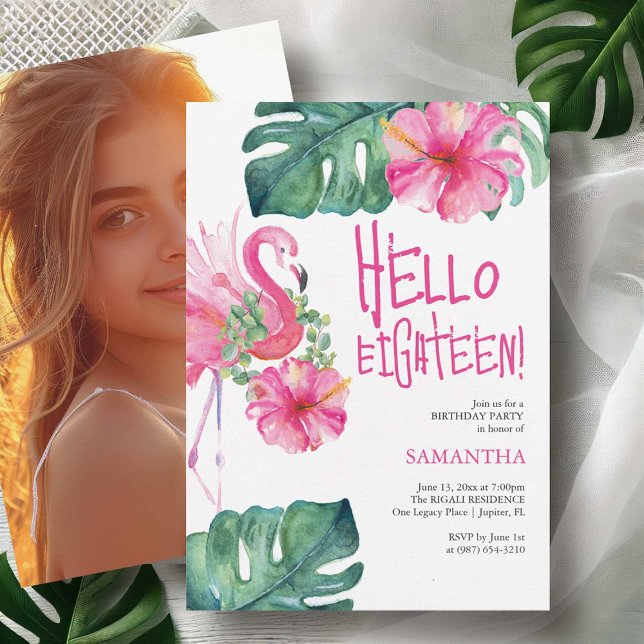 18. Geburtstag Einladungen Tropische Wasserfarben (18th birthday invitations watercolor pink flamingo and palm leaves Victoria Grigaliunas DoTellABelle)
