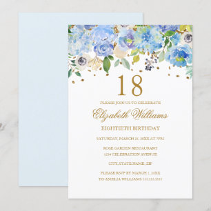 18. Geburtstag Elegant Blue Gold Blume Einladung