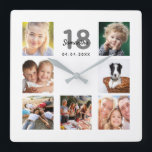 18. Geburtstag Foto Collage Freunde Quadratische Wanduhr<br><div class="desc">Eine Wanduhr als Geschenk für einen 18. Geburtstag einer Frau,  die ihr Leben mit einer Collage von 7 Ihrer Fotos feiert.  Personalisieren und fügen Sie einen Namen,  Alter 18 und ein Datum.  Geburtsdatum oder das Datum des Jahrestages.  Schwarz-Graue Buchstaben.  Ein schick weißer Hintergrund.</div>