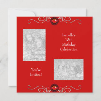 18. Geburtstag Fotos Silberne Red Jewel Trim Einladung