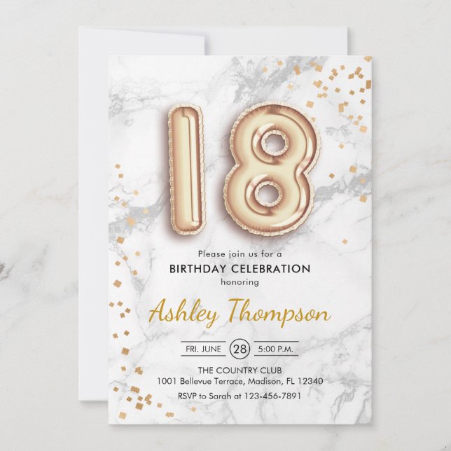 18. Geburtstag - Goldballons Marmoreffekt Einladung (Vorderseite)