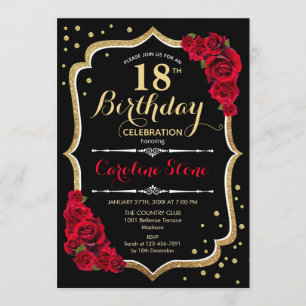 18. Geburtstag - Goldschwarze Rote Rosen Einladung