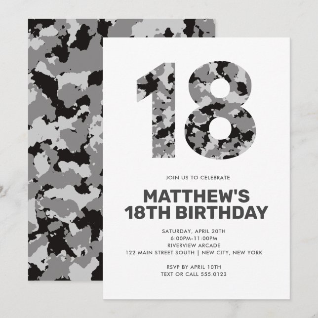 18. Geburtstag, Grauer Camouflage Personalisierter Einladung (Vorne/Hinten)